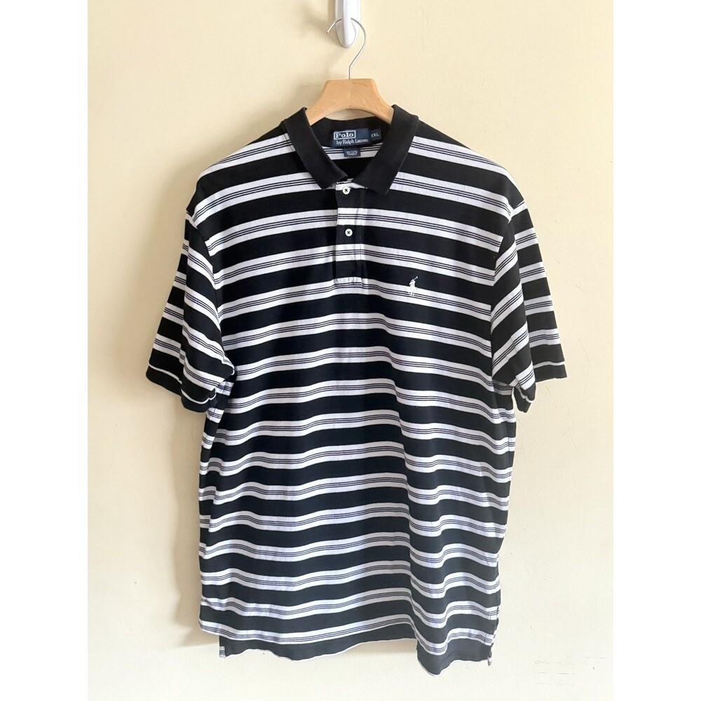 Vintage‎ 90s Ralph Lauren Mens XXL Striped Pique Cotton Golf Polo Shirt Black